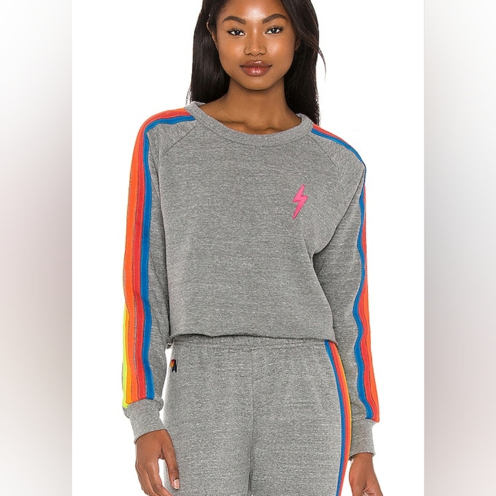 Aviator Nation Gray Sweater with Rainbow Stripes